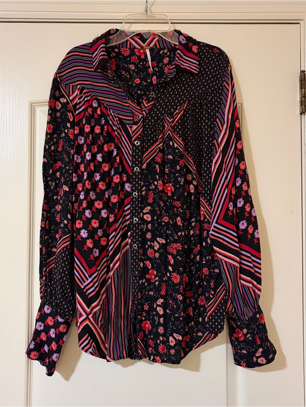 Women’s Free People Mixed-Pattern Button-Up Shirt in Black and Pink